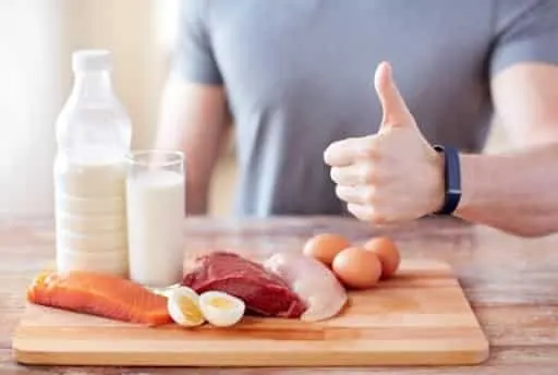 Tabla con alimentos ricos en proteína como leche, huevos, carne y salmón, y una mano haciendo el gesto de aprobación