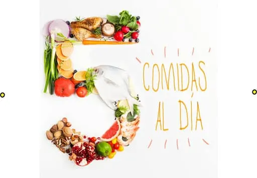Alimentos frescos dispuestos formando el número cinco junto al texto comidas al día