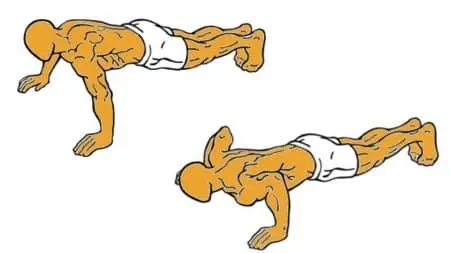Ilustración de una flexión de brazos en el suelo, en la bajada y en la subida