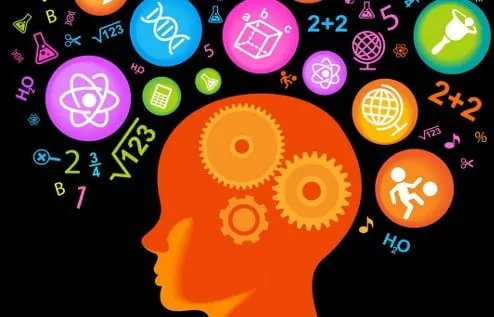 Ilustración de una cabeza con engranajes rodeada de iconos de ciencia, números y símbolos