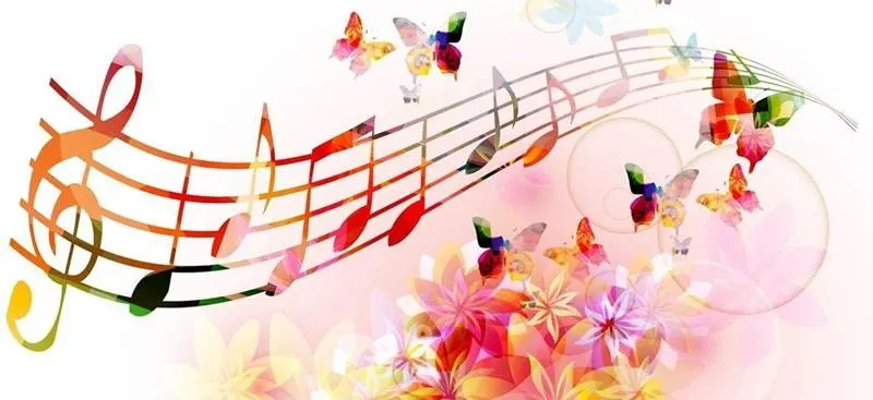 Pentagrama con notas musicales entre flores y mariposas de colores