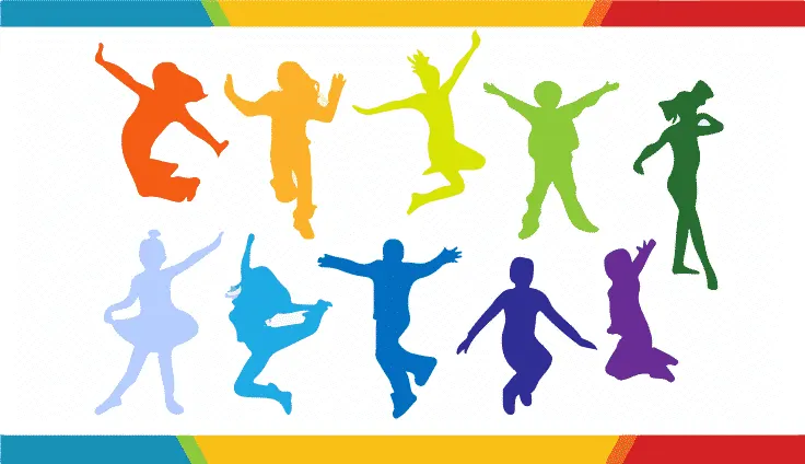 Siluetas de colores de personas saltando y bailando