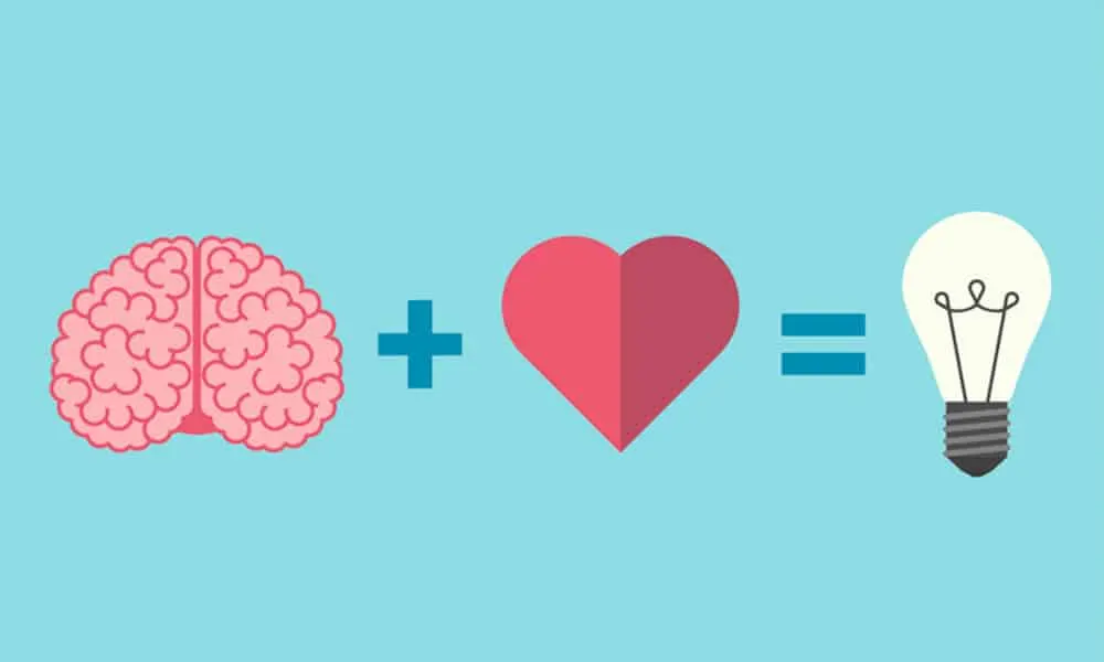 Ilustración de un cerebro más un corazón igual a una bombilla encendida