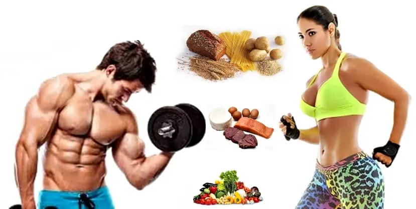 Hombre y mujer con físico atlético junto a una mancuerna y alimentos ricos en proteína