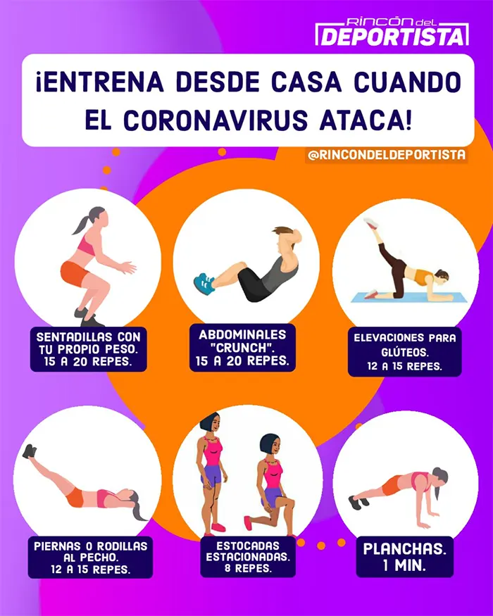 Infografía con seis ejercicios para entrenar desde casa durante la pandemia de coronavirus