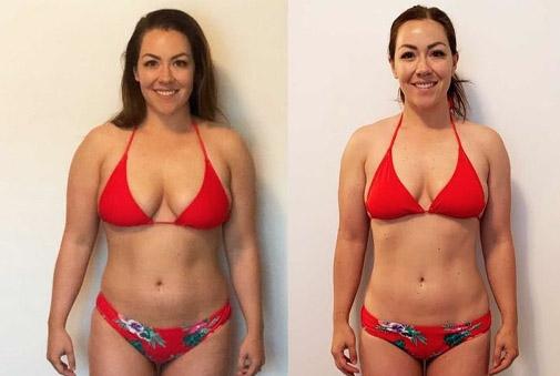 Comparativa antes y después de una mujer en bikini rojo