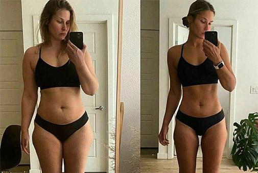 Comparativa antes y después de una mujer frente al espejo