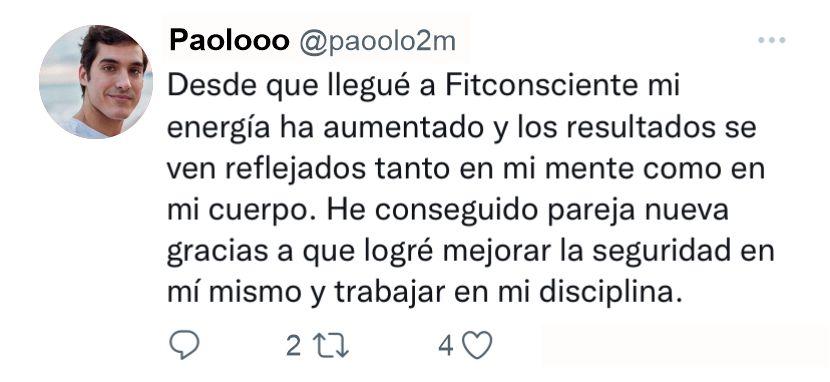 Captura de un mensaje publicado por Paolo sobre su experiencia con Fitconsciente