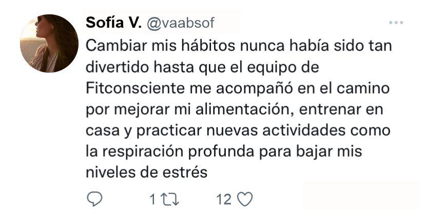 Captura de un mensaje publicado por Sofía sobre su experiencia con Fitconsciente